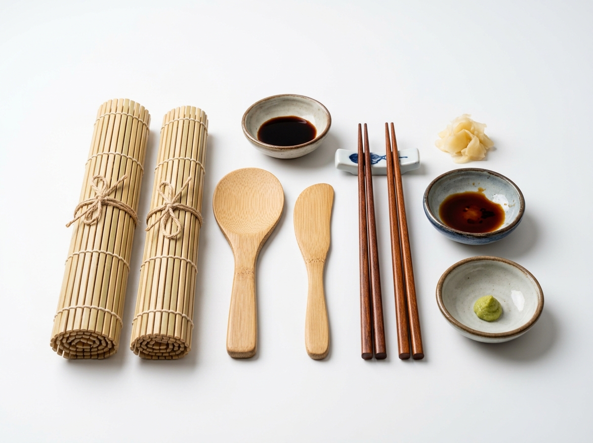 Komplett bambu sushikit med rullmattor och rispaddel