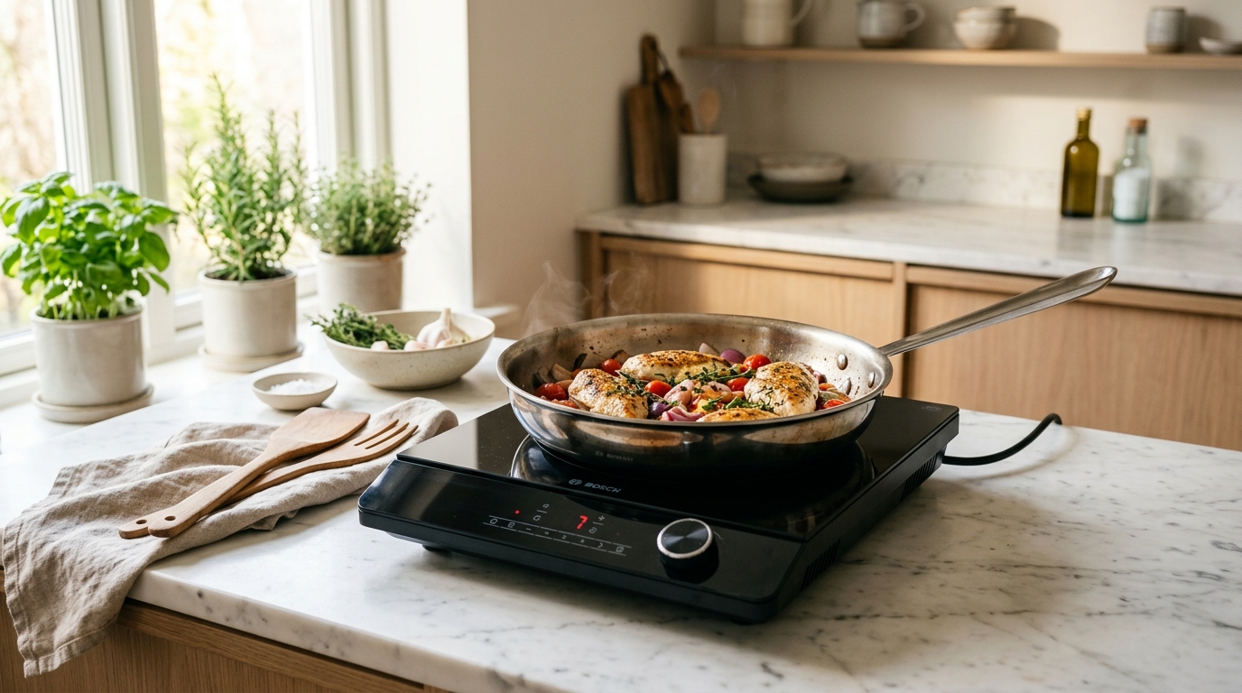 Portabel induktionsplatta i köksmiljö med stekpanna i rostfritt stål