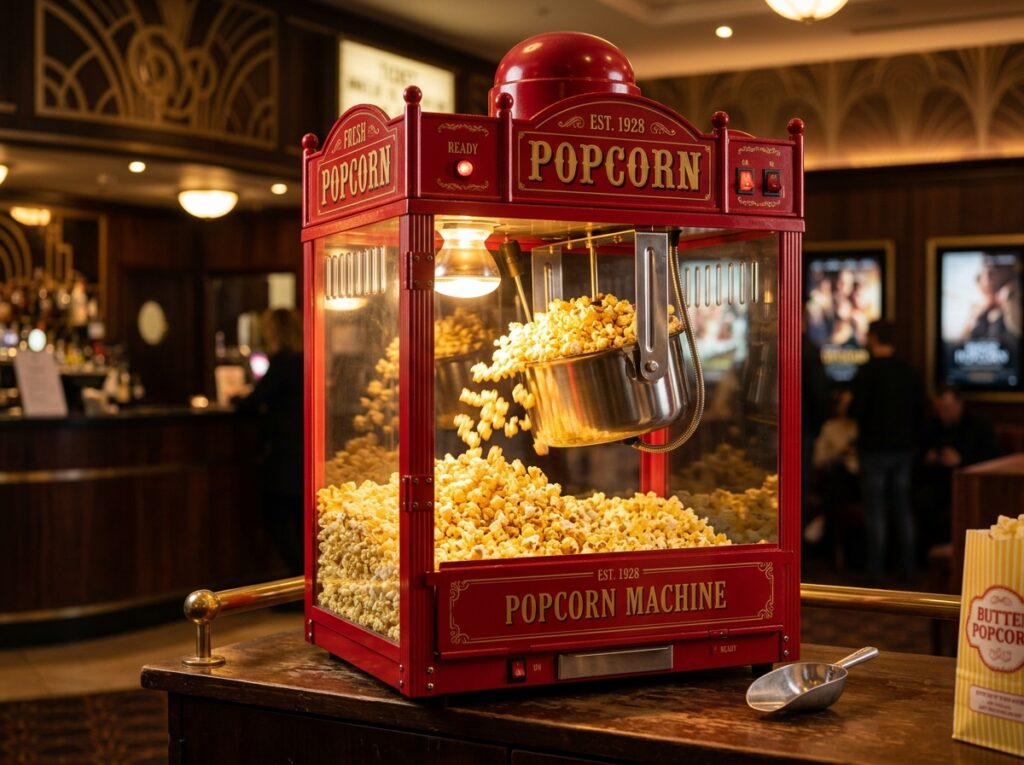 Champion retro popcornmaskin i biostil med kastrull och belysning för hemmagjorda biopopcorn