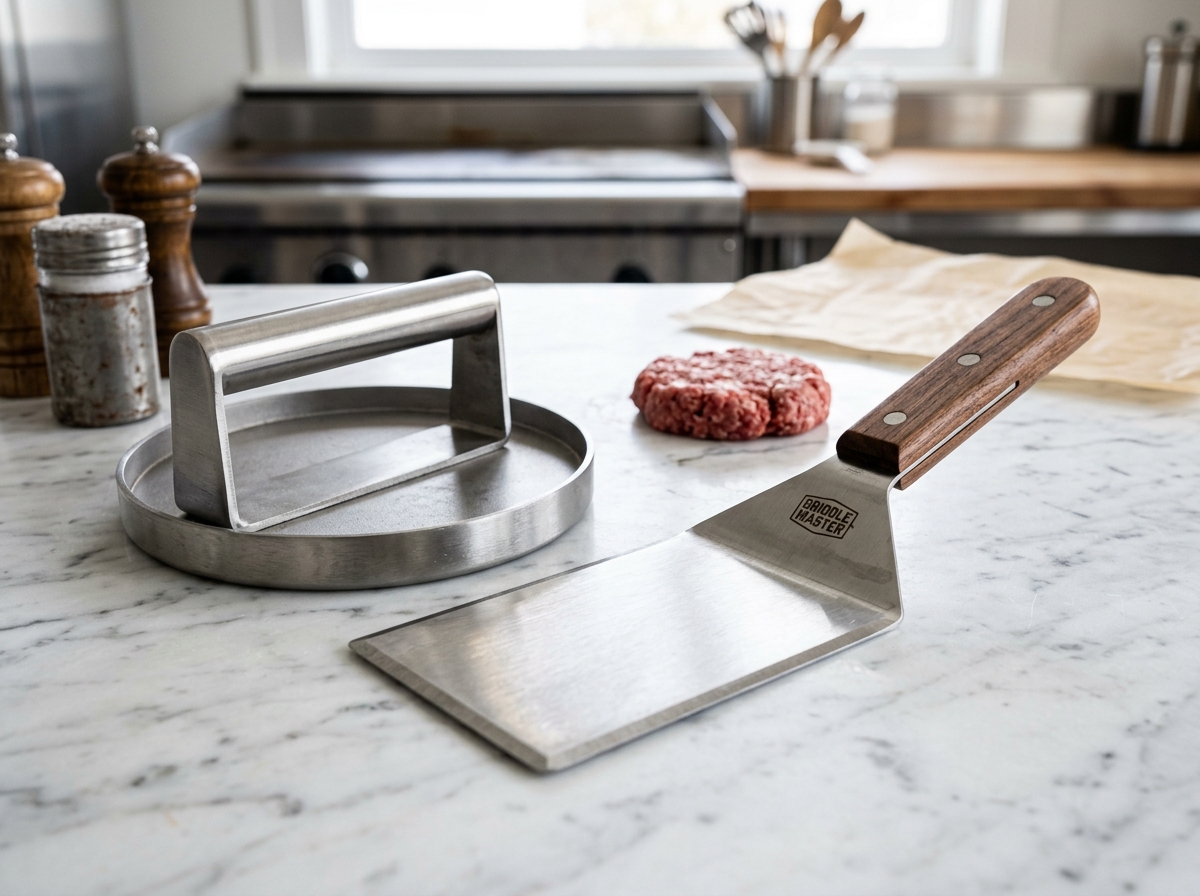 Dorre Sarika smashburgerset med smashjärn och bred stekspade