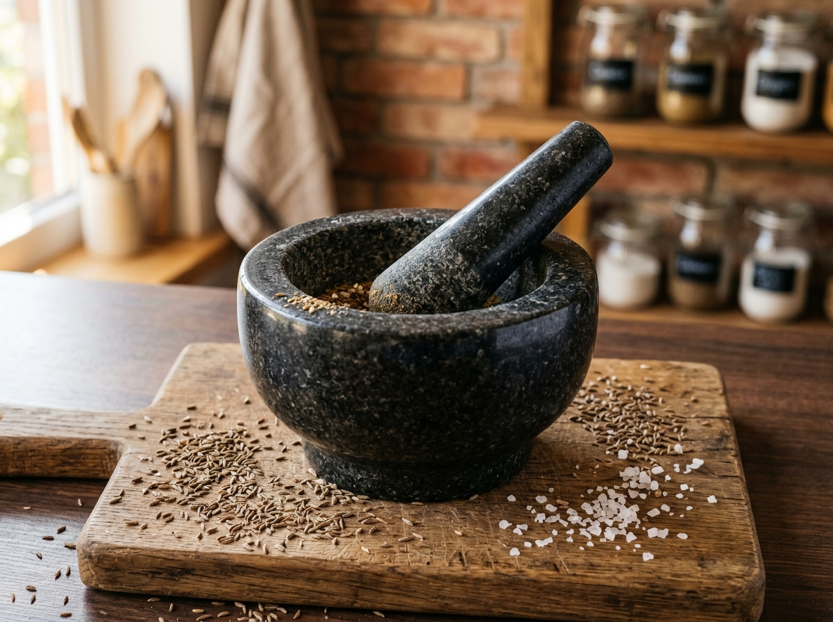 Massiv granitmortel för kryddor och pesto
