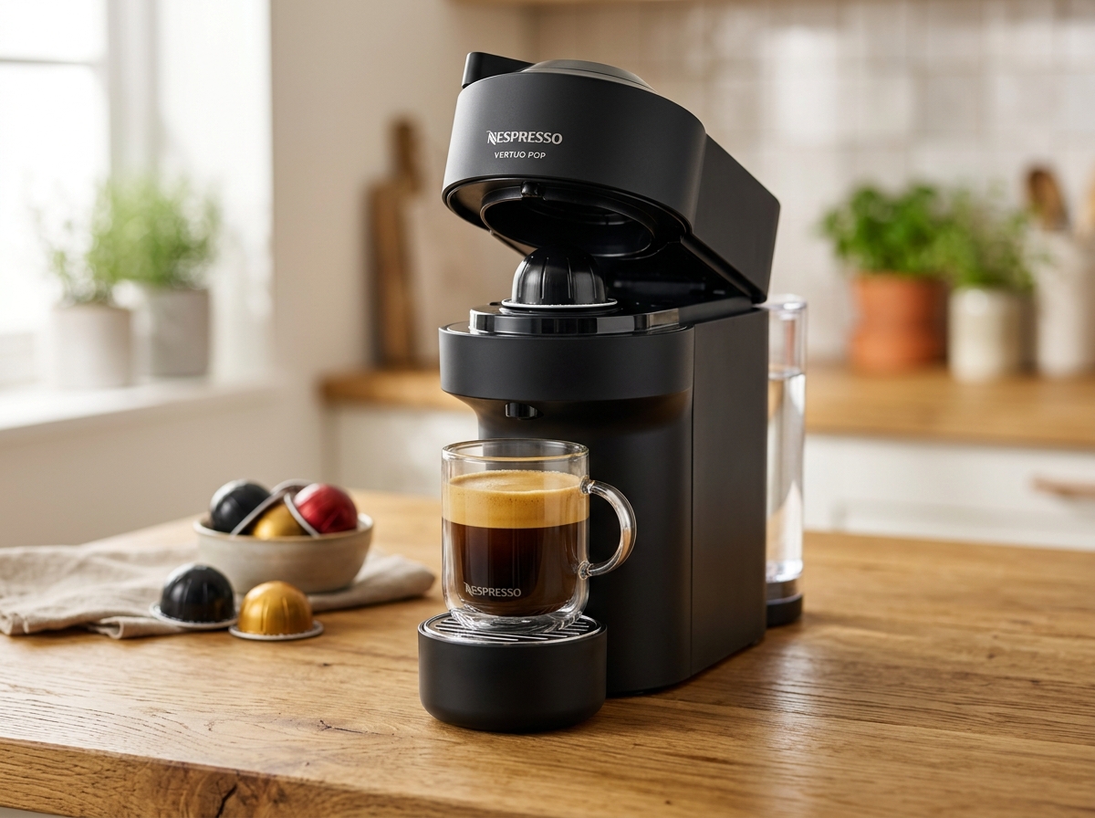 Nespresso Vertuo Pop kapselmaskin bäst i test 2026 på köksbänk