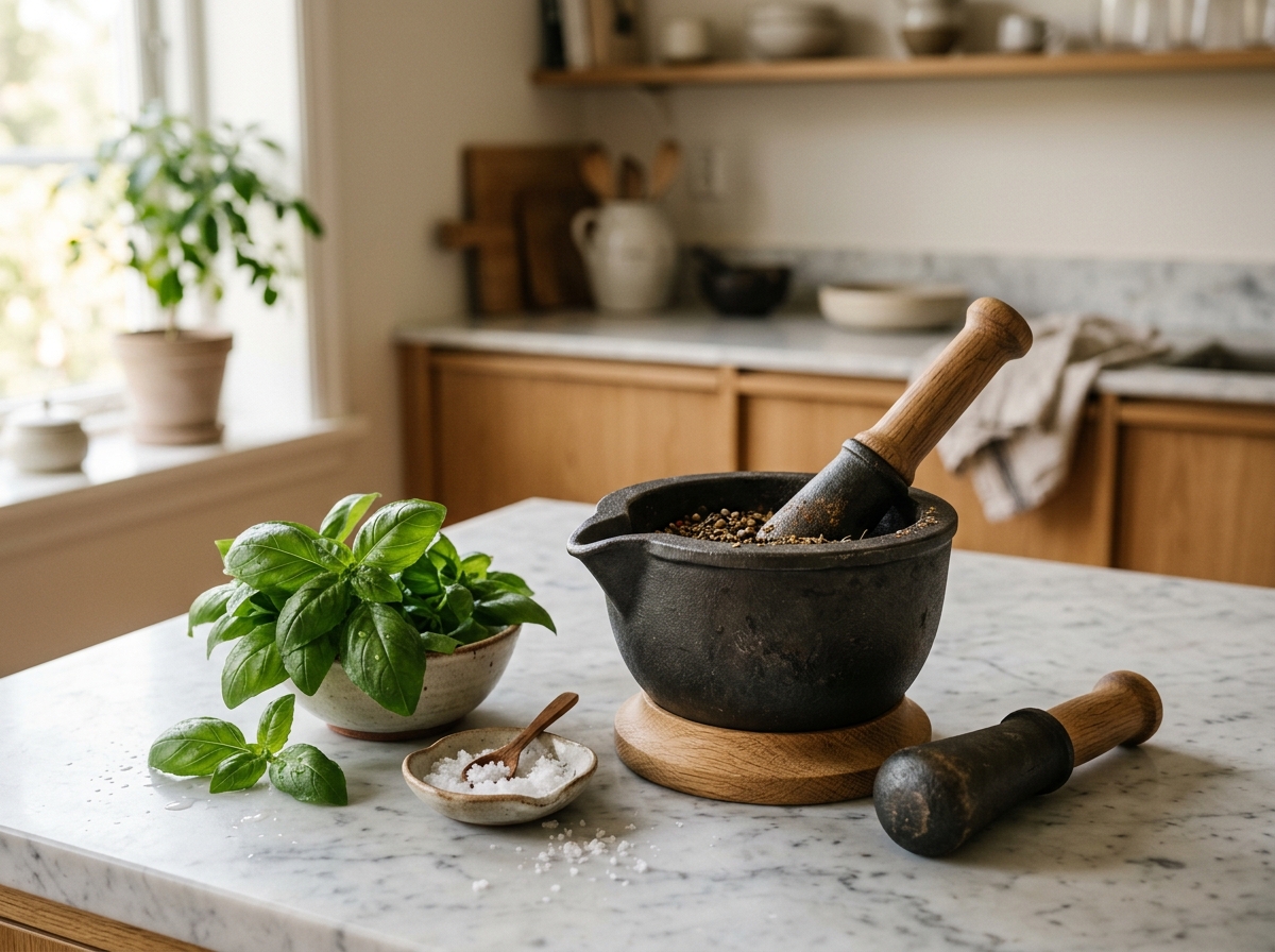 Zassenhaus gjutjärnsmortel med hällpip och träunderlägg